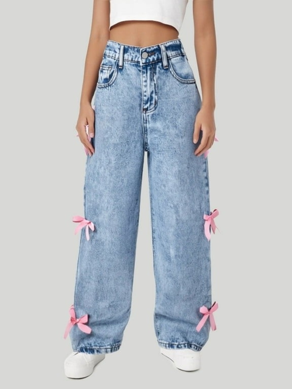 High-Rise Light Blue Wide Leg Jeans with Pink Bows